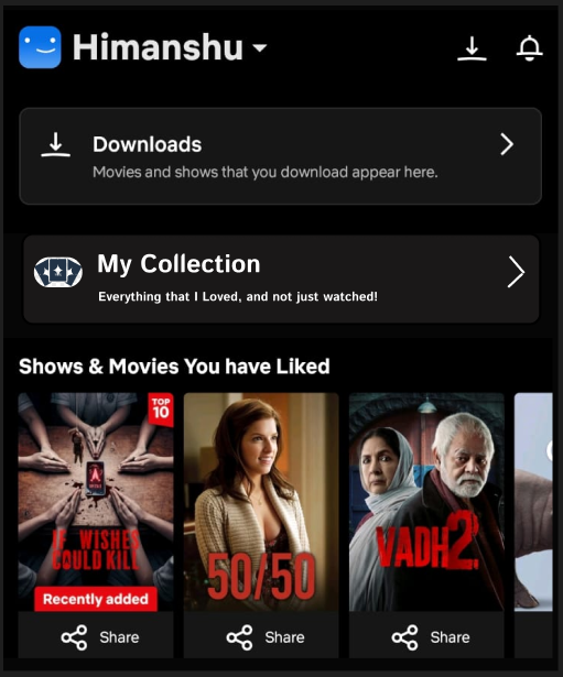 Netflix home screen showing My Collection entry point below Downloads